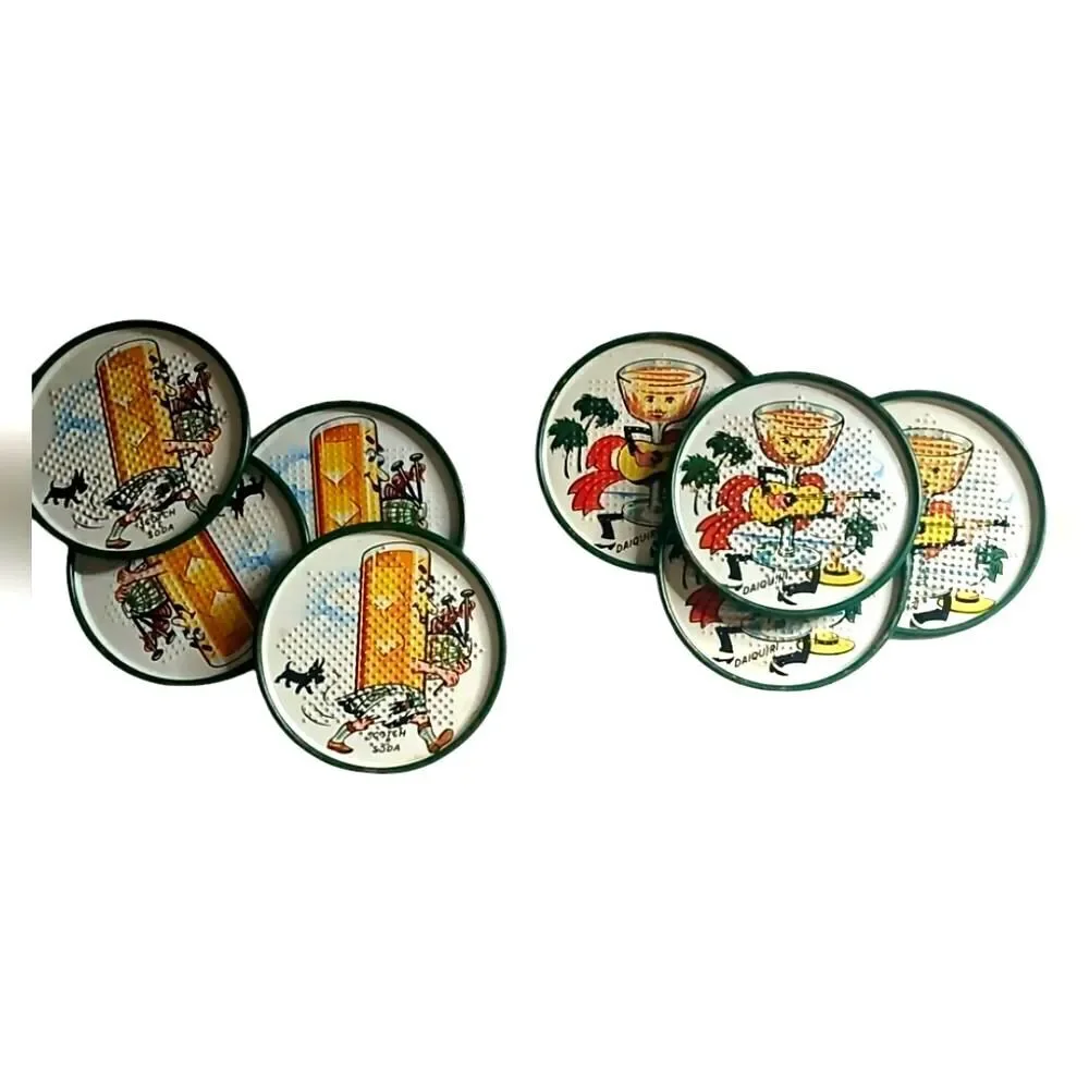 1950's Tin Litho Drink Coasters Scotch Soda Daiquiri Vintage 8 Set